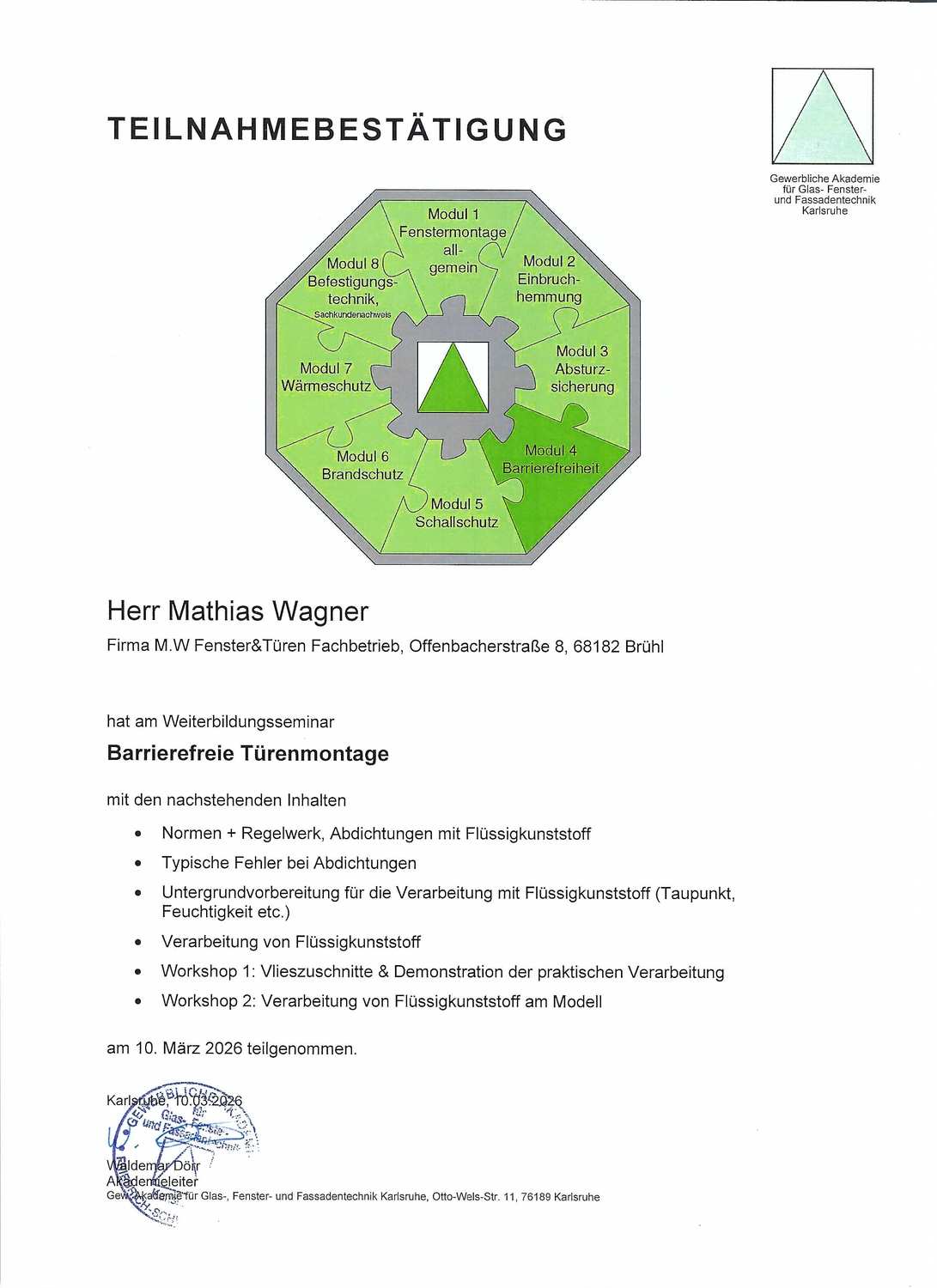 Teilnahmebestätigung Fenstermontage
