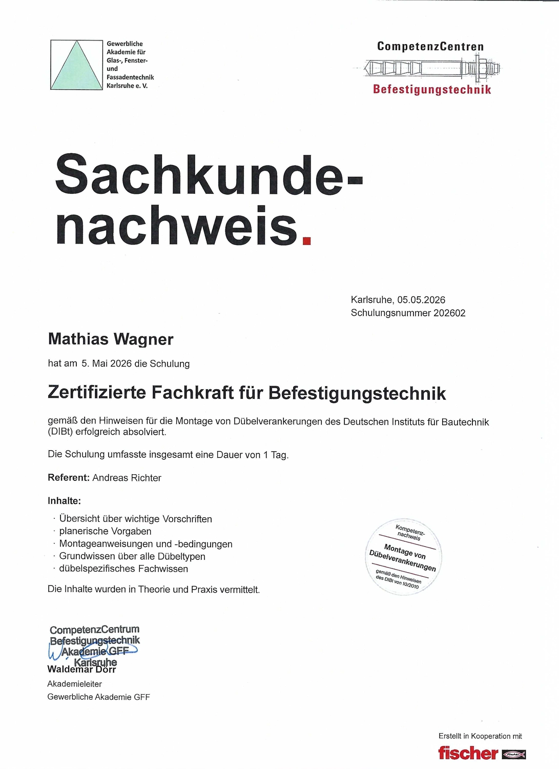 Schulung zertifizierte Fachkraft für Befestigungstechnik